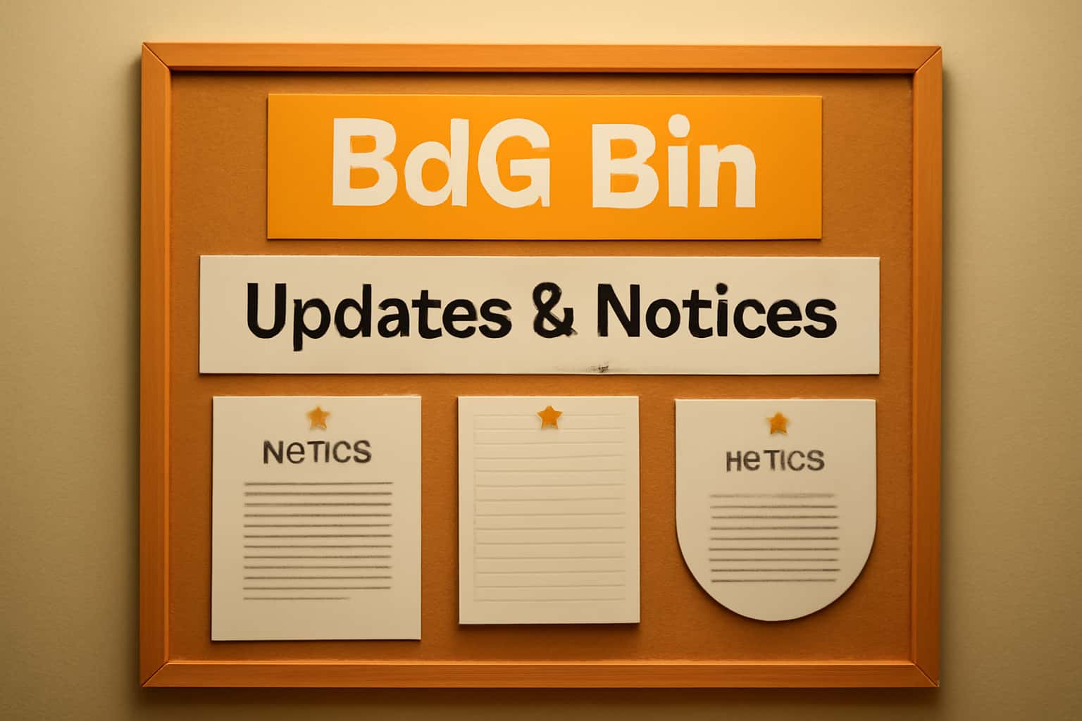 Informational scene depicting Bdg Bin updates and notices.